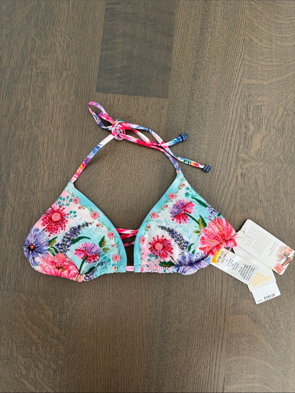 Agua Bendita Floral Triangle Bikini Top - Aqua with Pink & Purple Flowers